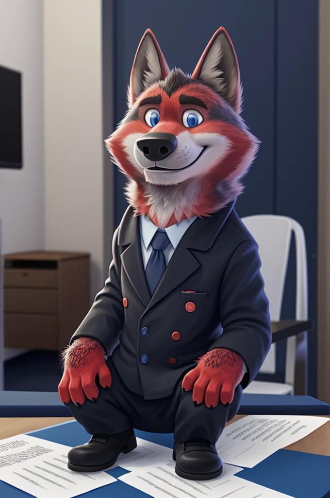 Ivan Fedorovich Wolfbach (Novosibirsk) ,Tall, handsome man, wolf,young, 24 years, brown fur,Kind,(red body:1.3),beautiful blue eyes,Novosibirsk,dressed,Red glasses black jacket awards on jacket, shirt, black tie, trousers,shoes, wolf, detailed fur, man ,paw pads, finger claws,per viewer, 5 fingers, paws, 5 fingers, smile, wrist watch, nextel, by xenoforge, (complex, high detail, digital photography, soft focus, RAW variety viewer, Very close to the camera) , variety, Novosibirsk, smile, good mood, positive, Very close to the camera, GOVERNOR,coming, ministry of health,cabinet, GOVERNORа, writes documents, to the city, GOVERNOR Novosibirskа, conference table, Colleagues,самый young GOVERNOR, black tie, 
Photorealism, realism, digital style, Subsurface scattering, I look at the viewer, is sitting,conference table, handle, paper, 
masterpiece, Best quality, ultra realistic, 8 thousand.)