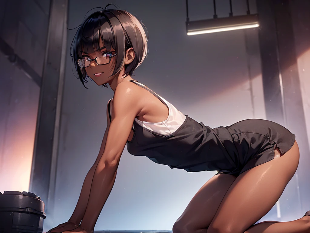 (1 femboy:1.5),(dark skin:1.5),(masterpiece:1.2), highest quality, High resolution, unity 8k wallpaper, (fine and beautiful eyes:1.6), highly detailed face, perfect lighting, Detailed CG, (perfect hands, perfect anatomy),20 years old, (black hair:1.3), detailed eyes, best quality, extremely detailed, very precise detailed, (glasses:1.4), , (straight hair:1.5), (evil smile:1.3) , (blush:1.3),(very short pixie cut:1.4),(blunt bangs:1.4), (greaming skin:1.3),(flat chest),(tank top:1.5),(open mouth),(bike shorts),(leaning_forward:1.4),(from side:1.4),looking_at_viewer,,(kneeling:1.4), 