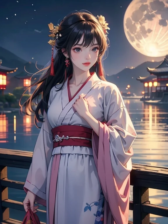 (Highest quality、masterpiece、High resolution、8K)、Vibrant colors、Japanese Festivals、Digital Art、City of night、Midsummer evening、A beautiful full moon in the distance、A beautiful girl in a yukata、
