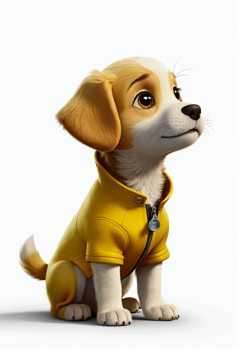 little puppy, filhote, White background, disney pixar 3d style, Simpler, fluffly, short dark yellow coat, bright coloured, looking at side, from sideways, Profile, Grieving