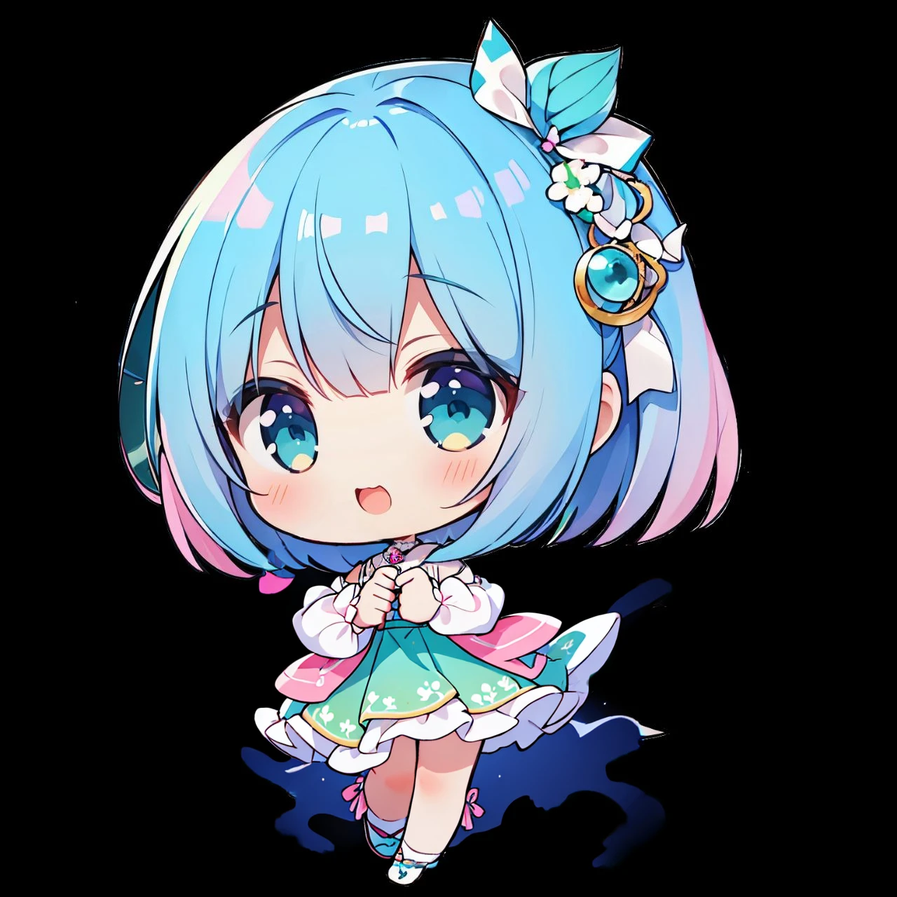 (Highest quality, masterpiece),(Highest quality), (Ultra-high resolution),girl , Bobcut,  chibi,Laughing、Holding a tarot card in one hand、Blue-green dress、Pink and teal gradient hair、Pink and blue gradient eyes、White ribbon in hair、People only、No background