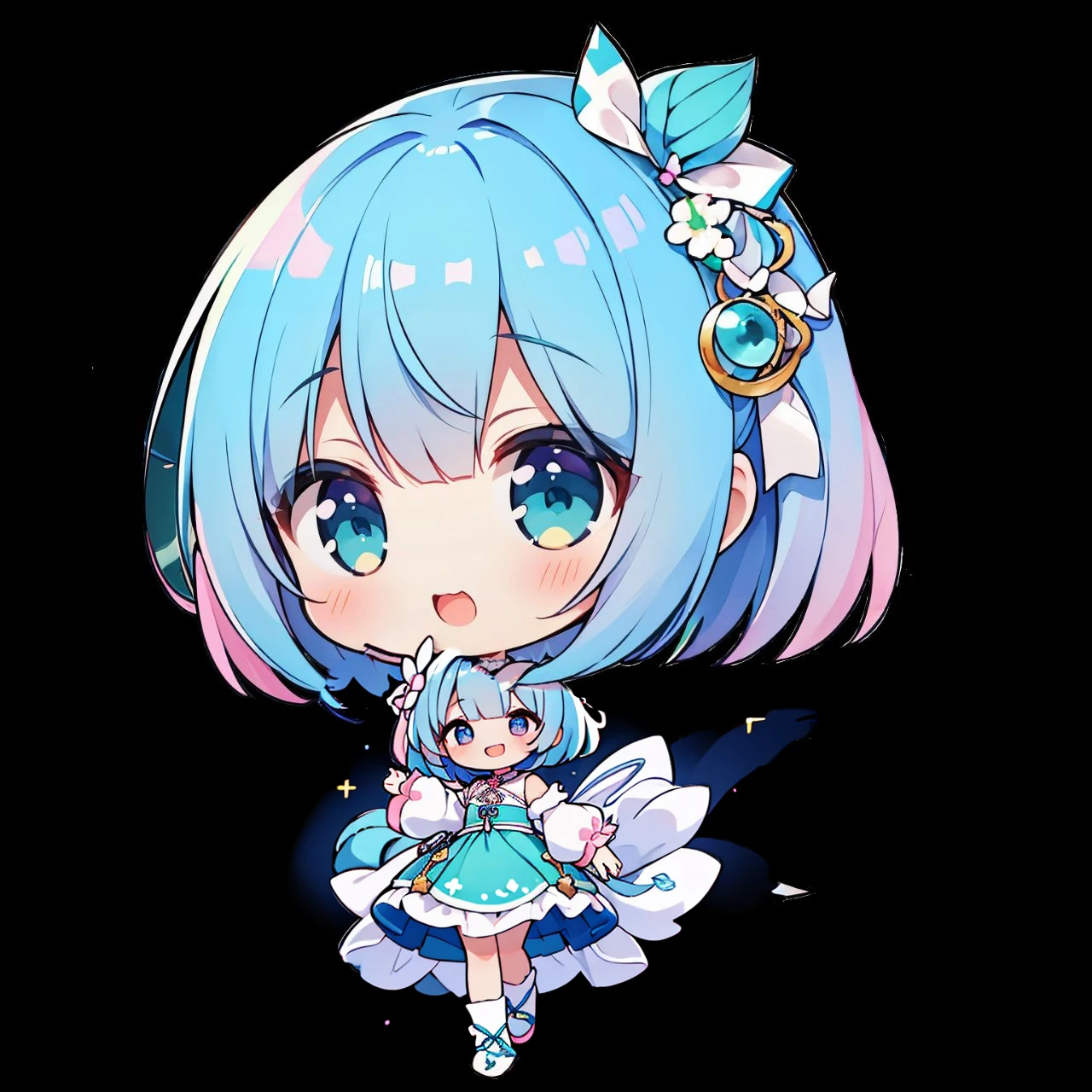 (Highest quality, masterpiece),(Highest quality), (Ultra-high resolution),girl , Bobcut,  chibi,Laughing、Holding a tarot card in one hand、Blue-green dress、Pink and teal gradient hair、Pink and blue gradient eyes、White ribbon in hair、People only、No background