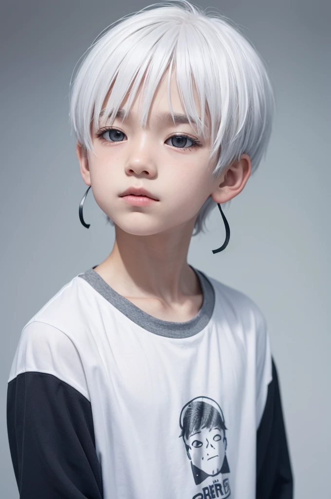 Create a boy facing backwards with white hair and on his shirt it says:Kinho