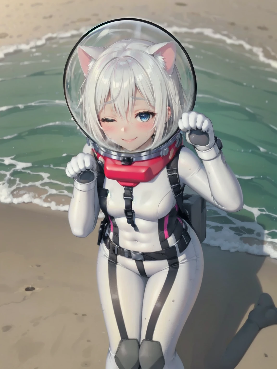 Highly detailed CG, 8k_wallpaper, top quality, masterpiece, higher eyes and nose, very delicate and beautiful, beautiful, detailed, very detailed, intricate, photorealistic, very detailed, (blue eyes: 1), (beautiful hands) , (beautiful fingers ), , (flat chest1.5), necklace (water:1.3), beach, (abs:1.3), (messy hair:1.5), (leaning forward:1), staring audience, (smile:1.3), (one eye closed:1.2), (sweating), (beautiful toes), (6 years old:1.5), (1female), (ash white hair:1.5),(middle hair:1 ), (dark skin: 1.4), (thigh girth: 1.3), beautiful, narrow waist, white thigh highs, skin curve, narrow waist, thighs, wide hips, eyeliner, eyelashes, perfect face, detailed eyes, (dark skin : 1.5),,,swimsuit, space helmet, CAT EARS, bubble helmet, eva helmet, WHITE BODYSUIT, , (PAW POSE:1.5)