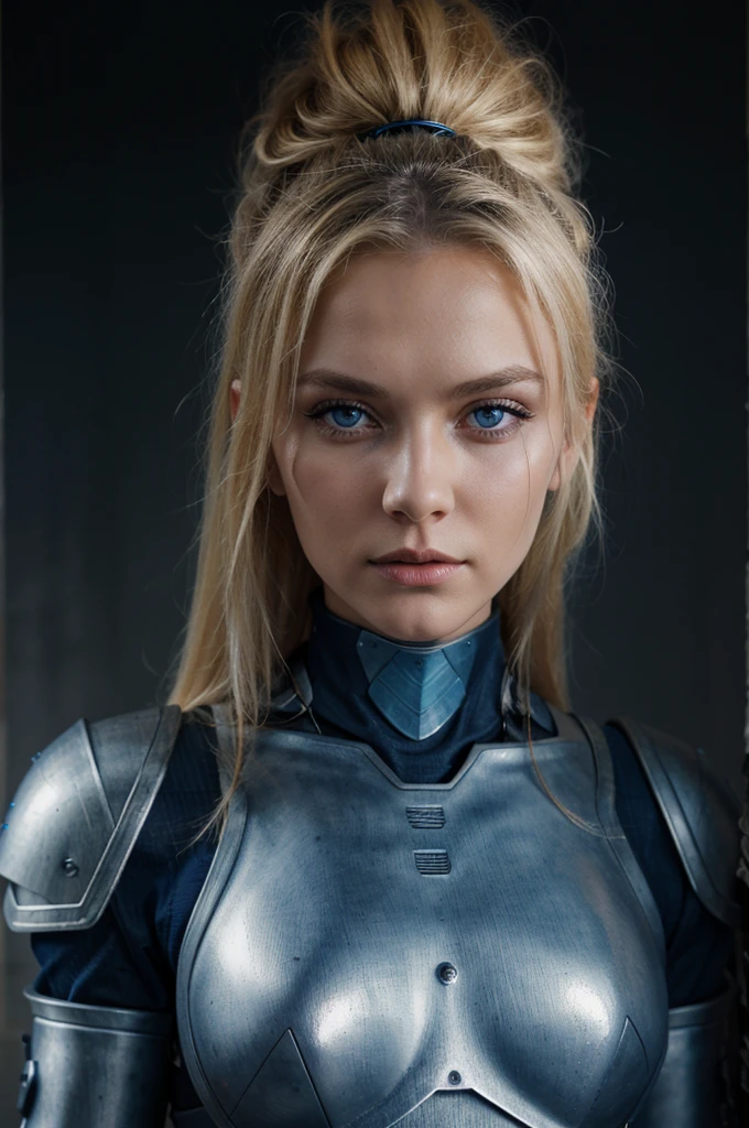 slavic woman, blond hair, blue eyes, sci-fi, slim black armor, metalic breastplat, navy blue plates, future, desert