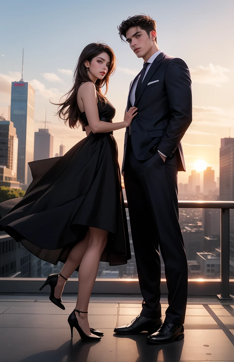 1 man,1woman, woman in long hair, woman look like Karina Aespa, brown hair, purple eyes, black dress, man in musculair, man look idol, suit, trained, man are taller than woman, background city and sky sunset