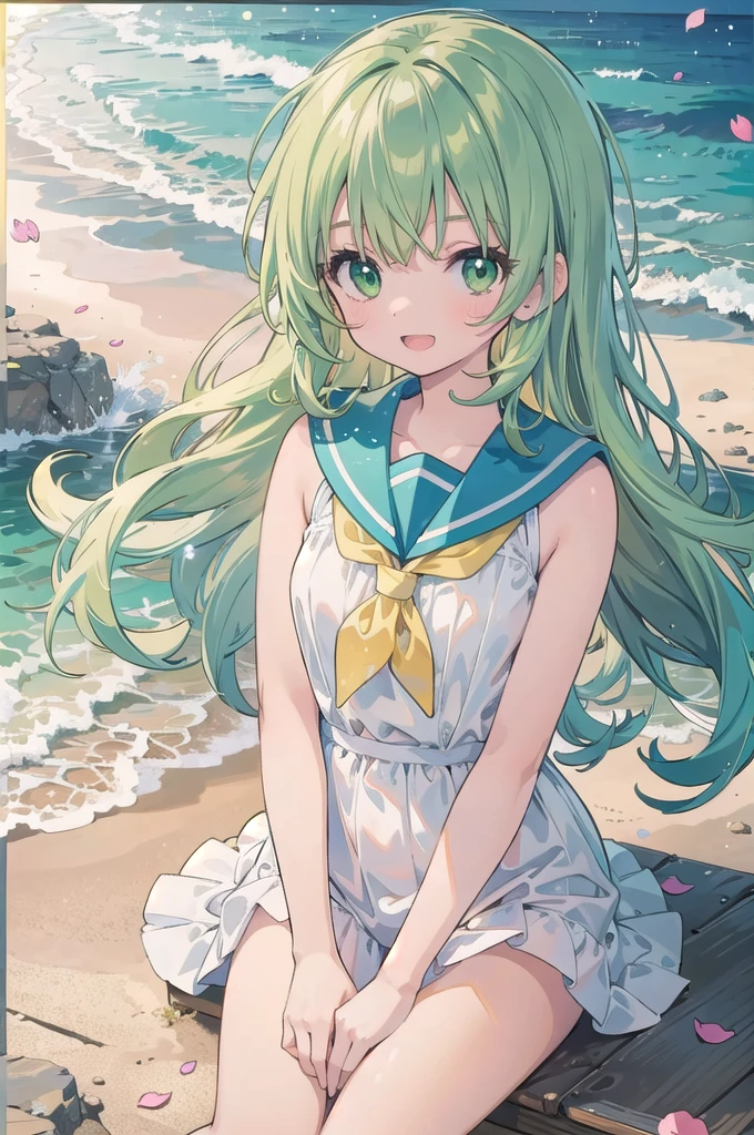(masterpiece),  scenery,  sandy beach overlooking the sea, petals,  light particles,yellow one piece ,  upper body,  1girl,  sailor,  wavy hair,  floating hair,  smile,  sitting,  open mouth,  light particles,  green hair,  green eyes,  looking at viewer,  face focus