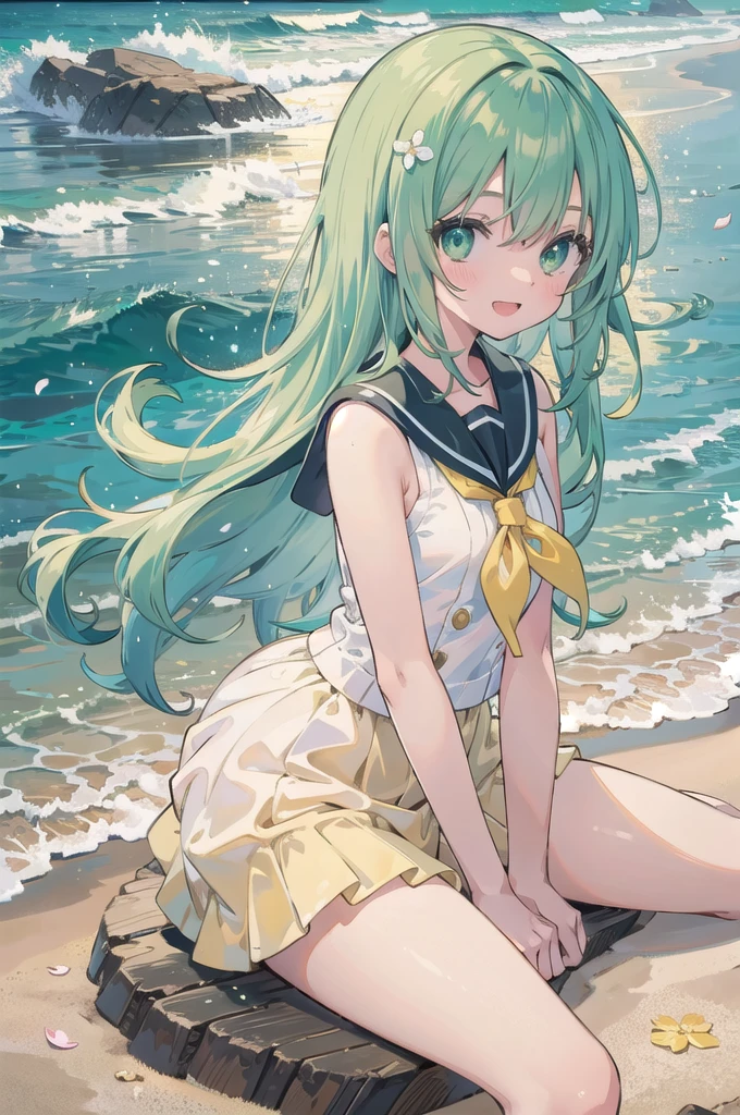 (masterpiece), scenery, sandy beach overlooking the sea, petals, light particles,yellow one piece , upper body, 1girl, sailor, wavy hair, floating hair, smile, sitting, open mouth, light particles, green hair, green eyes, looking at viewer, face focus