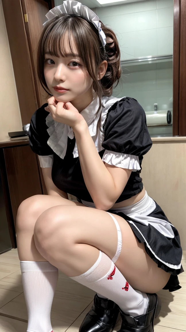 masterpiece, Highest quality, figure, Very detailed, Fine details, High resolution, 8K,wallpaper, Perfect dynamic composition,(Detailed high quality, Realistic depiction of eyes:1.3), short hair, (Wavy Hair:1.2), Huge breasts, Hotel Rooms, (ribbon, Maid, Knee-high socks:1.3), Aside Cutter Shirt, Frilled Skirt, Huge breasts, Do not publish, ponytail,  Black hair color, Big Natural Color Lip, Perfect figure, Bold sexy pose, Crying a little、Harajuku Style、20-year-old girl、Cute type、Beautiful feet, Full body photo、Focus on the groin, Gravure idol pose