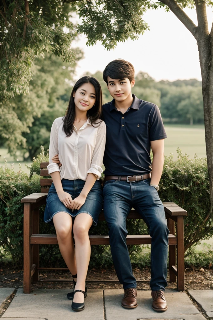 as a boy and girl,sitting on the seat,romantic background,as a couple