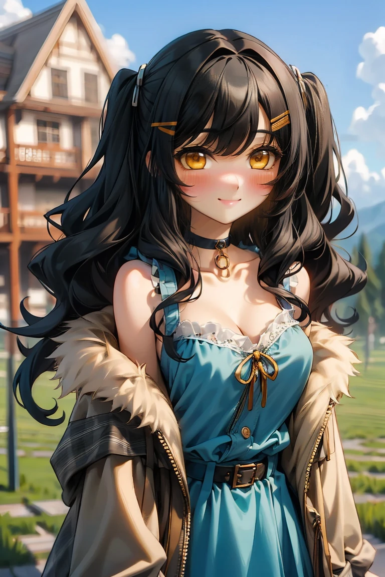 (masterpiece:1.2), (high quality:1.2), girls with((1girl, solo, black hair, yellow eyes, (wavy long hair, one side up, hairclips:1.3), bare shoulder, blush, breasts, choker, cleavage, coat, cowboy shot, blue lace dress, camisole, ribbon waist belt, black ribbon belt, collar, collarbone, rosary, rosary choker, cross, fur, fur trim, parka, khaki hoodie, green hoodie, khaki jacket, hood down, hooded coat, hooded jacket, hoodie, jacket, large breasts, long sleeves, medium breasts, open clothes, open coat,open hoodie, sleeveless, winter clothes, zipper, cleavage, upper body, hand up, waving, palm)), background with((architecture, blue sky, bush, castle, village, no humans, cloud, cloudy sky, day, field, garden, grass, hill, house, lamppost, landscape, mountain, mountainous horizon, nature, no humans, outdoors, scenery, shrine, sky))