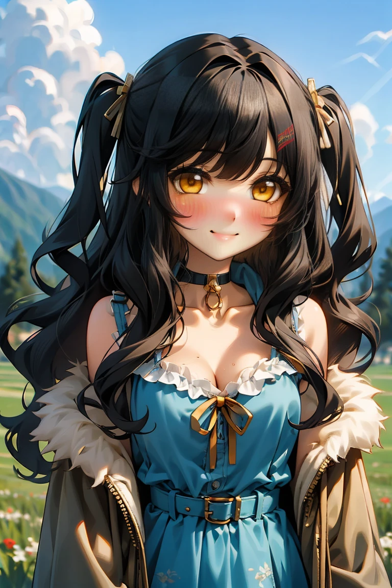 (masterpiece:1.2), (high quality:1.2), girls with((1girl, solo, black hair, yellow eyes, (wavy long hair, one side up, hairclips:1.3), bare shoulder, blush, breasts, choker, cleavage, coat, cowboy shot, blue lace dress, camisole, ribbon waist belt, black ribbon belt, collar, collarbone, rosary, rosary choker, cross, fur, fur trim, parka, khaki hoodie, green hoodie, khaki jacket, hood down, hooded coat, hooded jacket, hoodie, jacket, large breasts, long sleeves, medium breasts, open clothes, open coat,open hoodie, sleeveless, winter clothes, zipper, cleavage, upper body, hand up, waving, palm)), background with((architecture, blue sky, bush, castle, village, no humans, cloud, cloudy sky, day, field, garden, grass, hill, house, lamppost, landscape, mountain, mountainous horizon, nature, no humans, outdoors, scenery, shrine, sky))