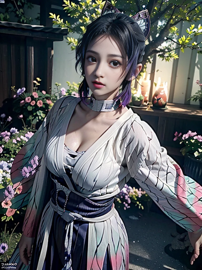 Realistic, Super detailed, High resolution, highest quality, Super detailedな,1 Female , Official Art, unity 8k wallpaper, Super detailed, beautiful and aesthetic, beautiful, masterpiece,( Super busty breasts:1.8,Small waist)、Glowing Skin,masterpiece, wonderful, (CG illustration),Asian, Ultra-realistic textured face and skin、Accurate anatomy、samurai、Colorful armor、Radiation Hair, bangs,Short Bob、((samurai))、sword,Facial details、Dynamic Pose、Dynamic Action、Dynamic Angle、Detailed Background、Wisteria flower、In combat、duel、Degrees of Freedom:1.3