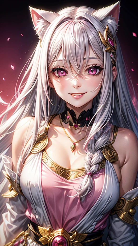 Silver hair, pink eyes, older woman, pink red and gold clothes, hair ornament, cat ears, necklace, long hair, smiling face, upper body