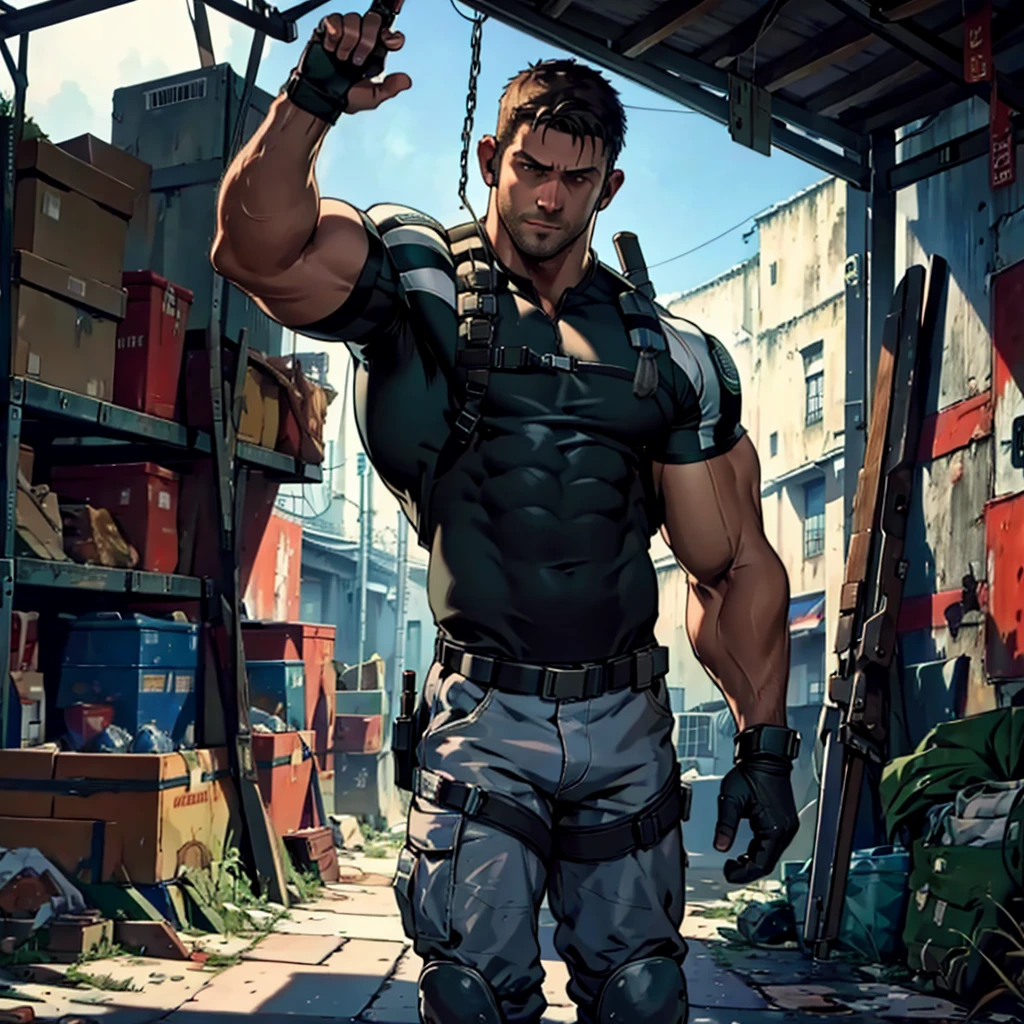 ultra detailed, masterpiece, 8K, muscler, Chris Redfield being crucified on a mechanical bunk