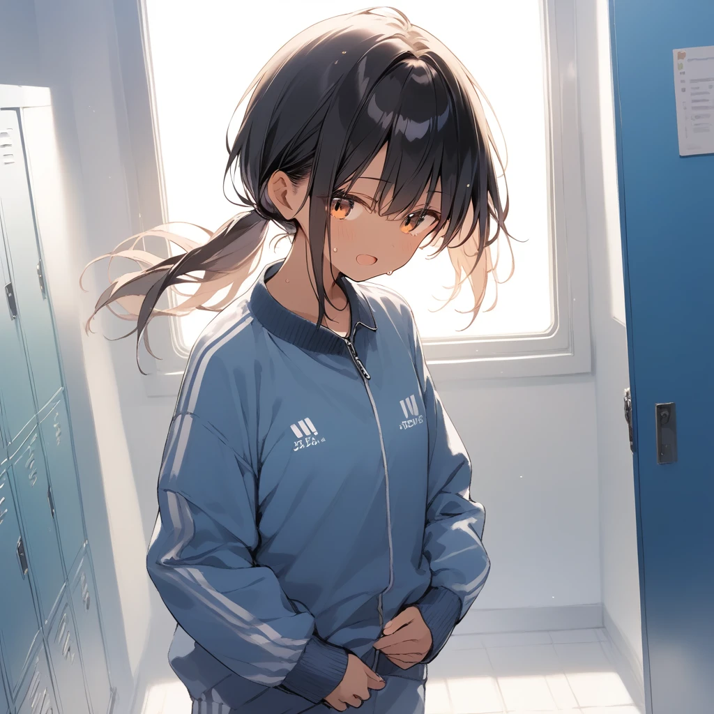 score_9, score_8_up, score_7_up, source_anime, best quality, masterpiece, official art, absurdres, highres, ultra-detailed,waifu2x,Collection: Slice of Life,break,1girl, tomboy, dark-skinned female, short hair, low ponytail, flat chest, track suit, bra, beautiful detailed eyes, dressing, sweat, open mouth, (yawn:0.3), sleepily, locker room, indoors, wind,break,(clear line illustration:1.2), super detailed skin,very high resolution, very aesthetic, Best sexual lighting powered by famous artist, 8k,cute picture,beauty illustration,photoshop_(medium),,(Detailed Lighting),best anime 8k konachan wallpaper, pixiv contest winner, 