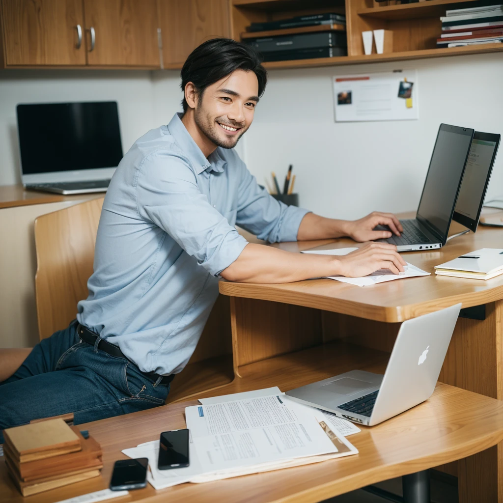 There is a man sitting at a table with a laptop,Working in the office,smile,Facing forward,The laptop is1t