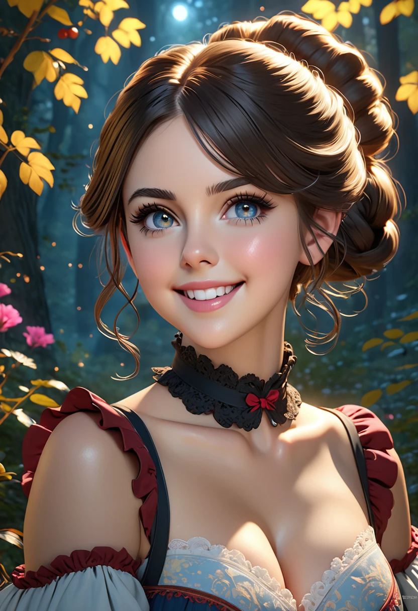 masterpiece, best quality, highly detailed, 1girl, solo, Victorian governess, choker, , looking at viewer, smile, blush, Wide Smile, Eyes Detailed & Wide, sexy Pose. Black hair, tight bouncy ringlets of hair ties in a messy bun., Ultra HD, Rococo-Inspired Fantasy Art With Intricate Details. Cute, Charming Expression, Alluring-Gaze, looking at viewer Beautiful Eyes, An-Ideal-Figure. Large Youthful Well-Shaped-Breasts, Massive-Round-Bosom, Décolletage. slim waist, fit body, full lipsWarm lights , woman in a dreamy forest at night, with fluffy hair, delicate face, realistic, real, slim, large aperture, sexy shots, attractive poses,Stunnin gly beautiful merge of Alison Brie, Scarlett Johanson, Selena Gomez, symmetrical face, photorealistic, photography, path tracing, specular lighting, volumetric face light, path traced hairmaximum quality{(masutepiece) (8K High Resolution) (top-quality) In the style of breath of the wild.