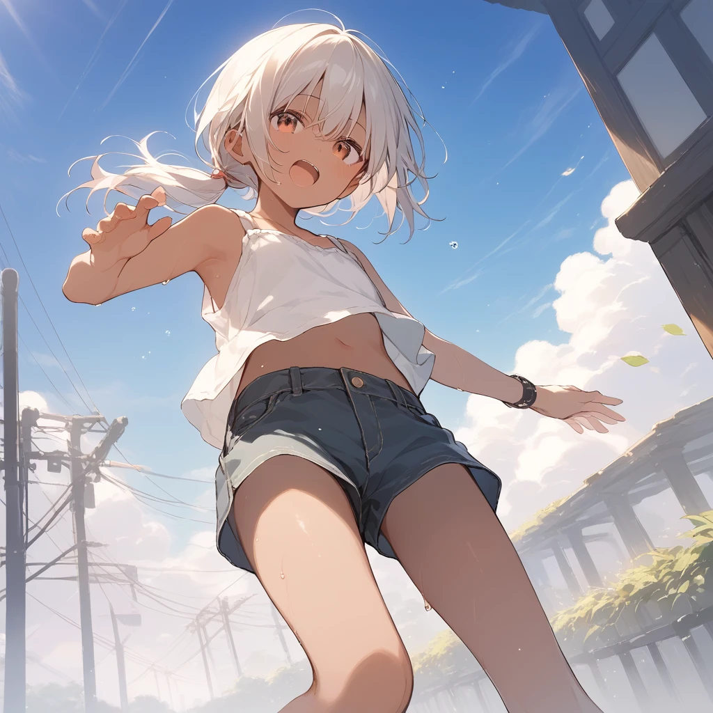 score_9, score_8_up, score_7_up, source_anime, best quality, masterpiece, official art, absurdres, highres, ultra-detailed,waifu2x,Collection: Slice of Life,break,1girl, tomboy, dark-skinned female, short hair, low ponytail, flat chest, beautiful detailed eyes, short shorts, sweat, open mouth, (yawn:0.3), sleepily, outdoors, wind,break,(clear line illustration:1.2), super detailed skin,very high resolution, very aesthetic, Best sexual lighting powered by famous artist, 8k,cute picture,beauty illustration,photoshop_(medium),,(Detailed Lighting),best anime 8k konachan wallpaper, pixiv contest winner,
