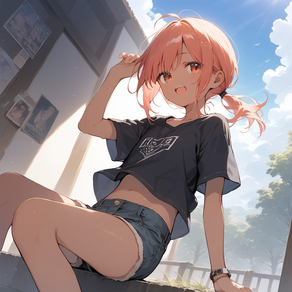 score_9, score_8_up, score_7_up, source_anime, best quality, masterpiece, official art, absurdres, highres, ultra-detailed,waifu2x,Collection: Slice of Life,break,1girl, tomboy, dark-skinned female, short hair, low ponytail, flat chest, beautiful detailed eyes, short shorts, sweat, open mouth, (yawn:0.3), sleepily, outdoors, wind,break,(clear line illustration:1.2), super detailed skin,very high resolution, very aesthetic, Best sexual lighting powered by famous artist, 8k,cute picture,beauty illustration,photoshop_(medium),,(Detailed Lighting),best anime 8k konachan wallpaper, pixiv contest winner,