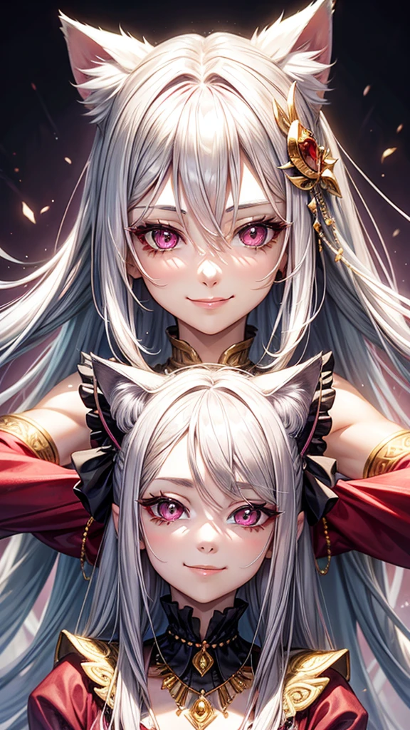 Silver hair, pink eyes, older woman, red and gold clothes, hair ornament, cat ears, necklace, long hair, smiling face, upper body