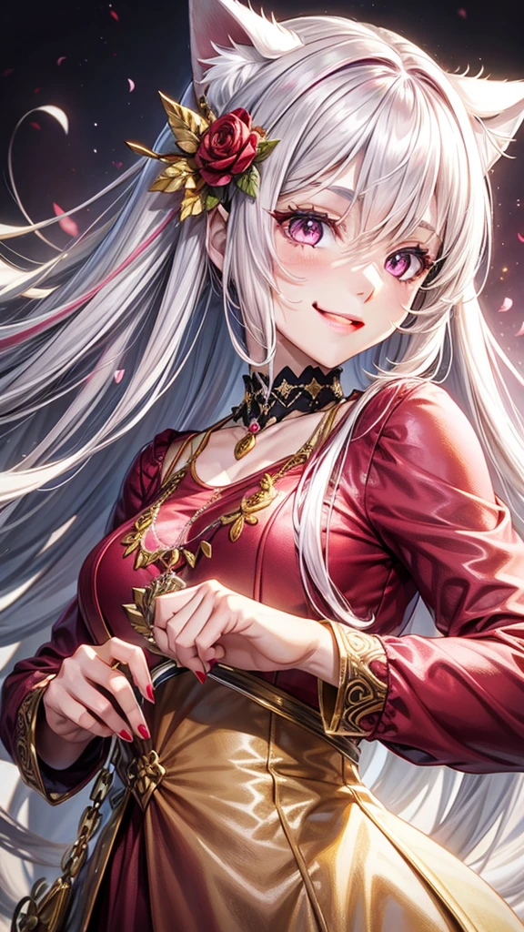 Silver hair, pink eyes, older woman, red and gold clothes, hair ornament, cat ears, necklace, long hair, smiling face, upper body