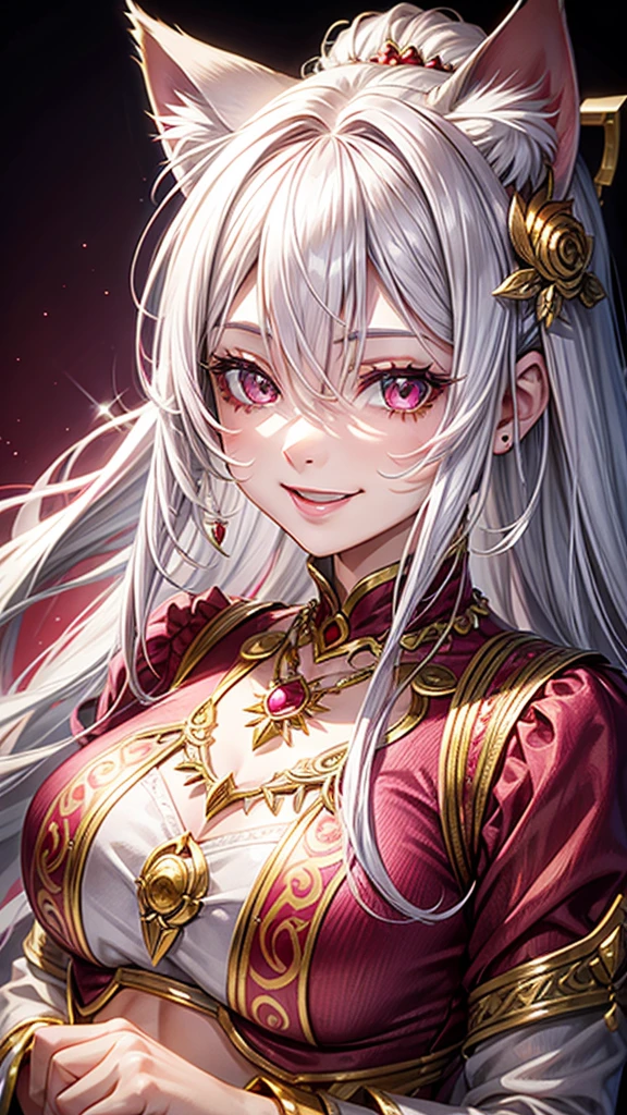 Silver hair, pink eyes, older woman, red and gold clothes, hair ornament, cat ears, necklace, long hair, smiling face, upper body