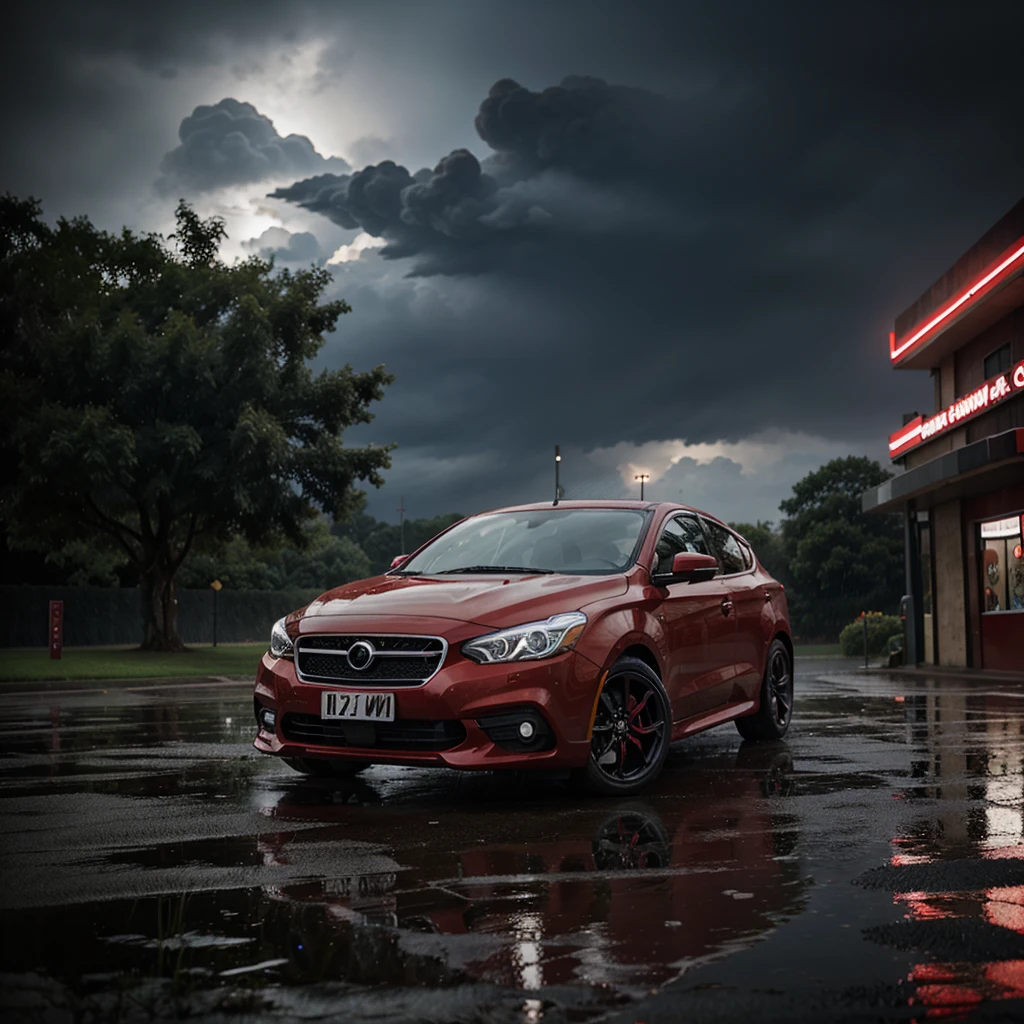 Parked red onix, with the weather raining.