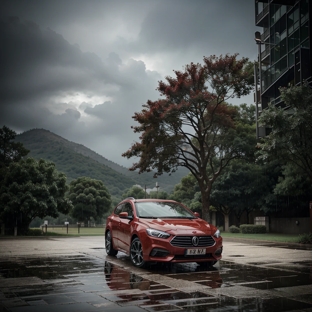 Parked red onix, with the weather raining.
