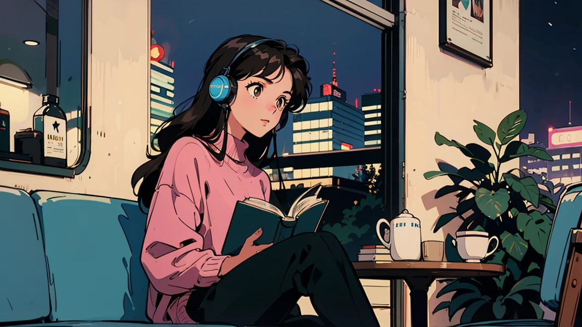 best quality, 8K, 1990s style,2010s hairstyles, 21 year old girl, black hair, long hair, light brown eyes, city pop, pants ,night view, wearing headphones,reading a book, whole body, relax coffee,table,confection,Looking at me