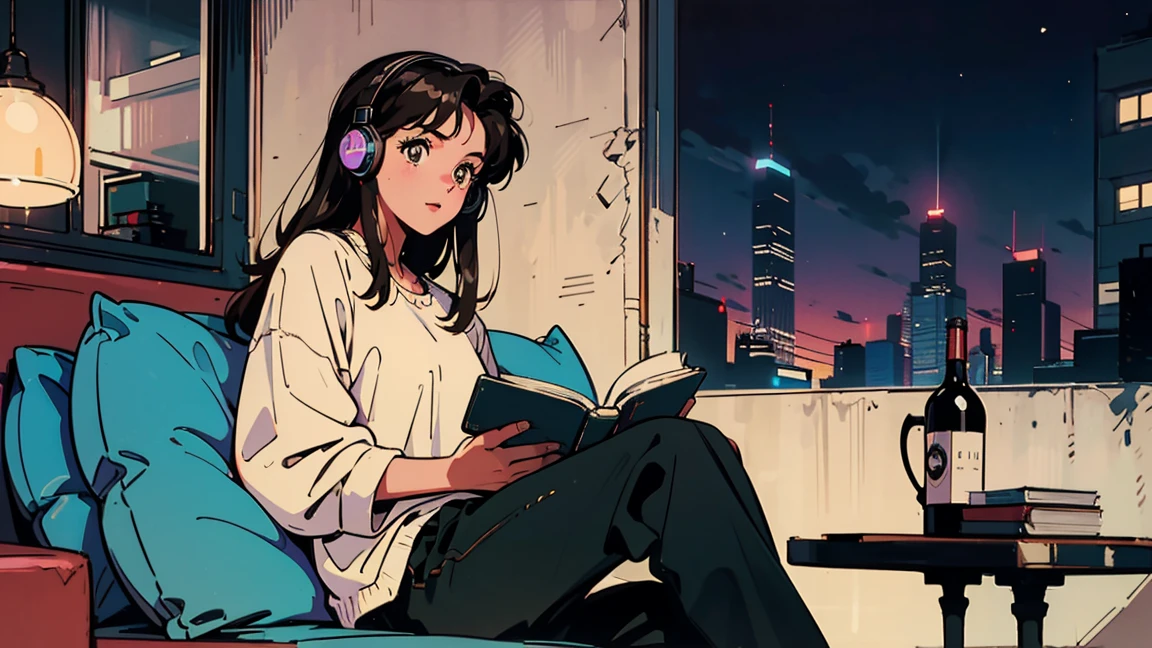 best quality, 8K, 1990s style,2010s hairstyles, 21 year old girl, black hair, long hair, light brown eyes, city pop, pants ,night view, wearing headphones,reading a book, whole body, relax coffee,table,confection,Looking at me