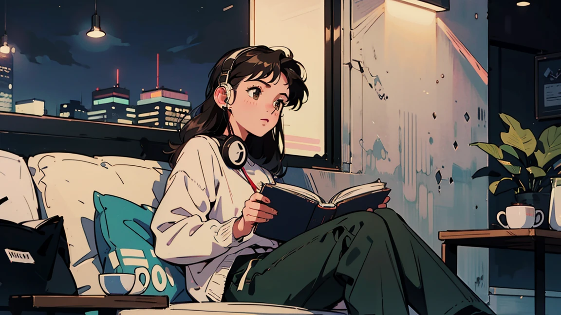 best quality, 8K, 1990s style,2010s hairstyles, 21 year old girl, black hair, long hair, light brown eyes, city pop, pants ,night view, wearing headphones,reading a book, whole body, relax coffee,table,confection,Looking at me