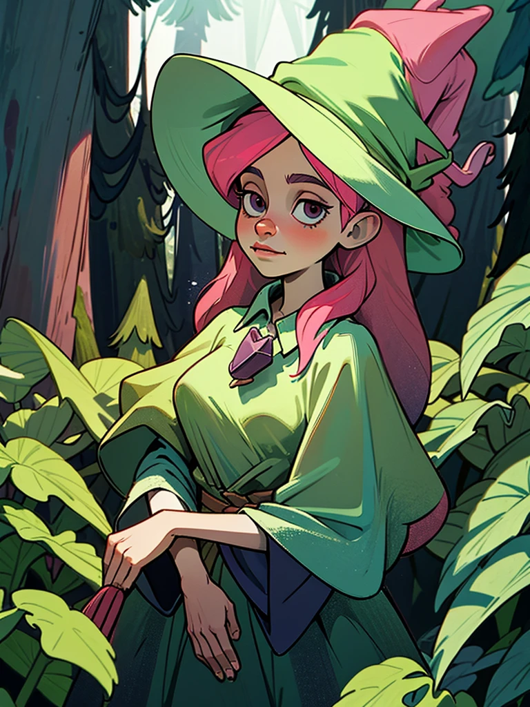 witch girl in the forest with herbs and potions. she has long pink hair, dark eyes, a witch dress, a hat with a frog on her head, a fairy forest in the background. close up of her face, hd
