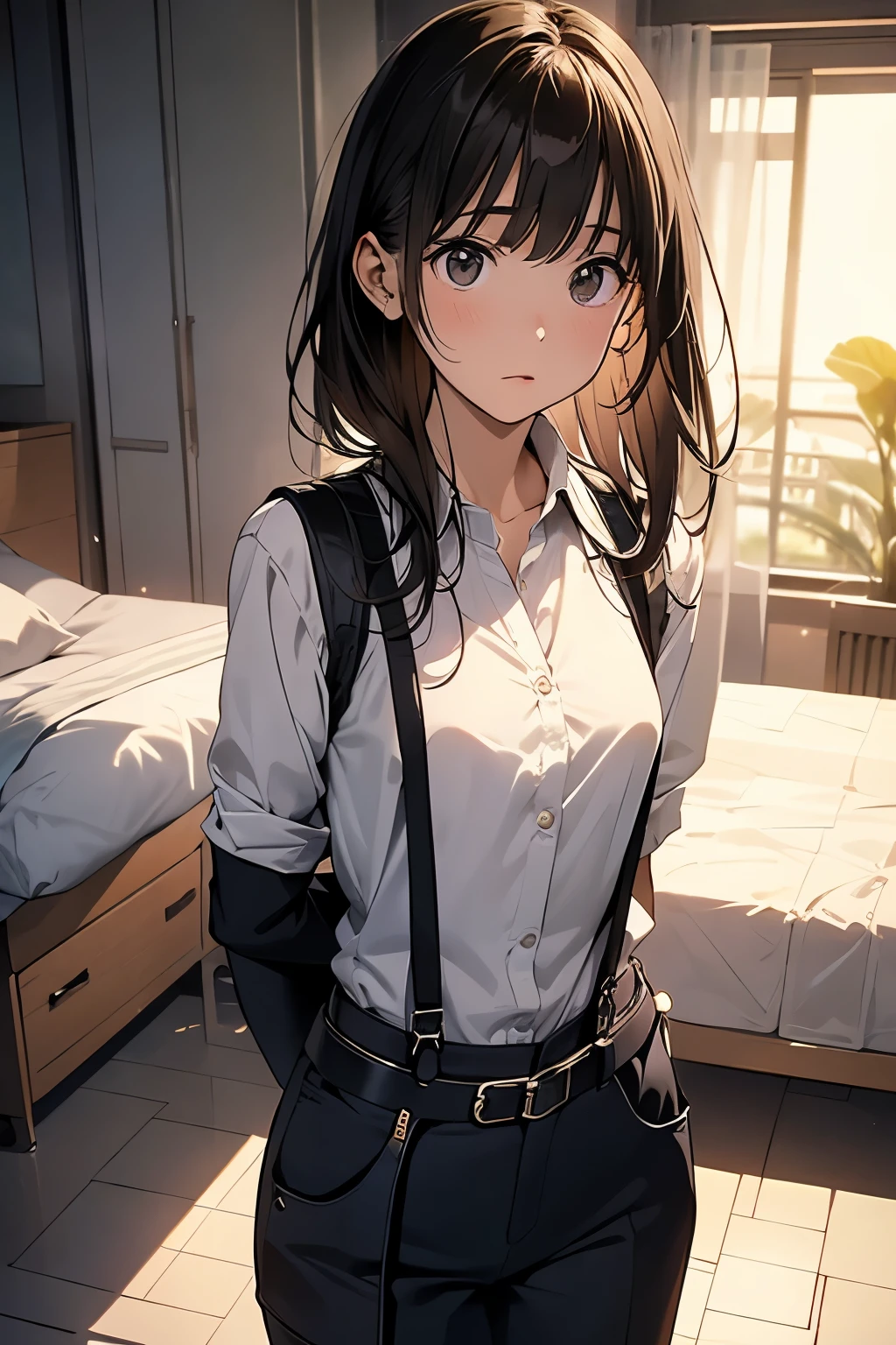 1 female, , high quality, masterpiece, Ultra-high resolution, , Cinema Lighting, , , And the suspenders with the cranes flying　　　Moderate breasts　 　 　　　　Small face　 　　　holster　　　　　　　 Lying in bed　Looking up　　　　Sweat 　　　belt　summer　脇Sweat 　Black Hole Gloves　suit　shirt　　Black jacket　 Black trousers　Leg Links　ズボンにbelt　　holster　 　　Hands behind your back　 Anxious expression　Looking up　Anxious face, legs apart