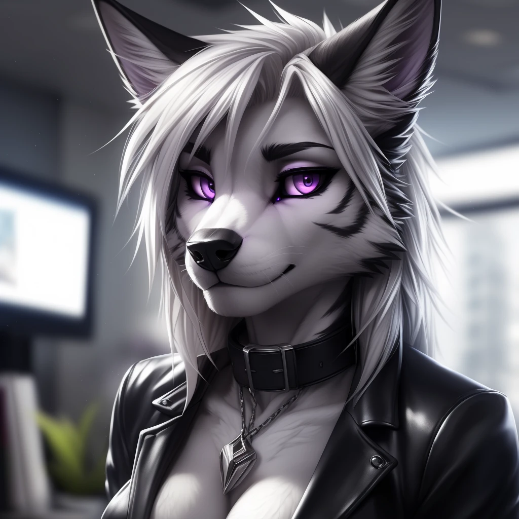 uploaded on e621, (by Wildering, by Koul, by fluff-kevlar, by aycee, by kilnah), solo, female wolf, wolf ears, neck tuft, ((black sclera, purple eyes)), ((office attire)), (masterpiece), (best quality), (anthro furry:1.3, snout:1.3, anthro:1.3, furry:1.2, solo female:1.2), (((black stripes on body, grey fur))) BREAK ((white hair)), (office background, depth of field, ambient light on the body), (intricate:0.7), (high detail:1.3), (unreal engine:1.3), (sharp focus:1.15), (masterpiece, best quality, 4k, 2k, shaded, absurd res), ((leather collar)), ((focus on head))