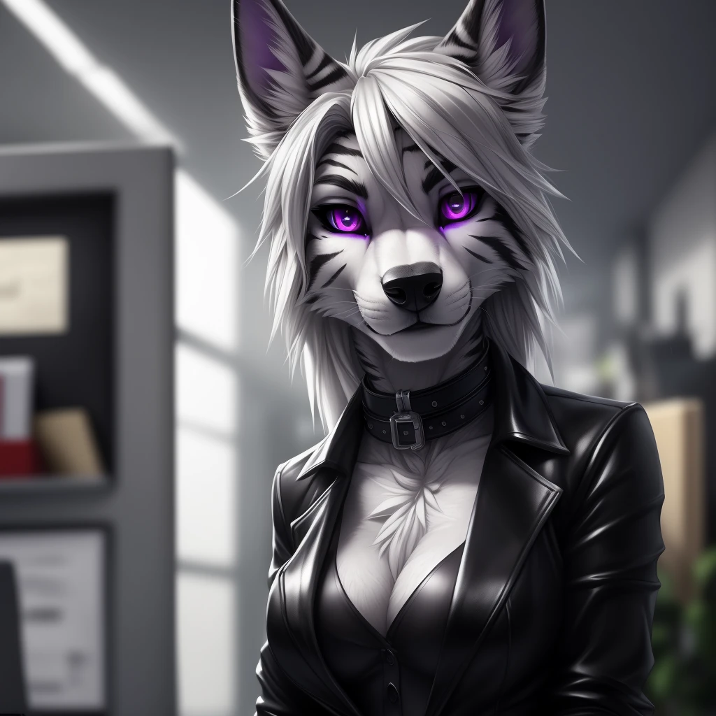 uploaded on e621, (by Wildering, by Koul, by fluff-kevlar, by aycee, by kilnah), solo, female wolf, wolf ears, neck tuft, ((black sclera, purple eyes)), ((office attire)), (masterpiece), (best quality), (anthro furry:1.3, snout:1.3, anthro:1.3, furry:1.2, solo female:1.2), (((black stripes on body, grey fur))) BREAK ((white hair)), (office background, depth of field, ambient light on the body), (intricate:0.7), (high detail:1.3), (unreal engine:1.3), (sharp focus:1.15), (masterpiece, best quality, 4k, 2k, shaded, absurd res), ((leather collar)), ((focus on head))