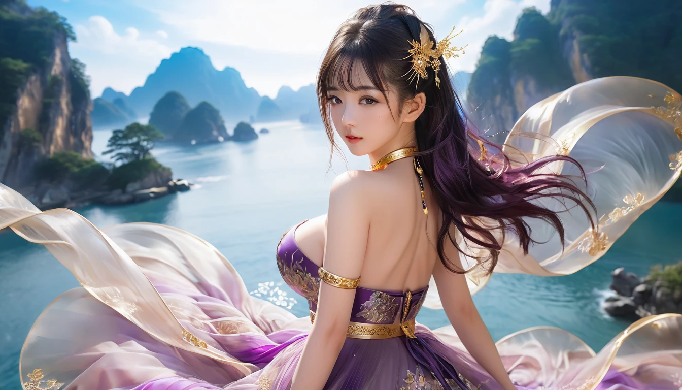 穿着纱丽的女人Strike a pose拍照, Ancient Goddess, Traditional Beauty, if, Beautiful goddess, Gorgeous role-playing, high, Beautiful young girl, Beautiful woman, 华丽Beautiful woman, Complex clothing,Chinese aesthetics, Beautiful Asian girl, Extremely detailed shot of the goddess, Jaw-dropping beauty, Big breasts deep neckline sexy belly button（butt), (bedroom), (Sexy Girls), masterpiece, best quality, 1 girl, Bangs, blush, Chest, clavicle, Eyebrows visible through hair, (Gradient purple gold hair), Jewelry, Long hair, Looking at the audience, Bright Eyes, ring, (solitary), illustration, fashionable, miss, Strike a pose, background, element, confident, Express, Accessories, majestic, striking, key point, Dynamic poses, ((plump)), (black))Woman in transparent dress,Viewer,(((Full breasts, Keeley University))),Slim waist,(Navel exposed,Bare waist), Long hair, extreme detailed details, Detailed fantasy art, Stunning character art, Beautiful and exquisite character art, Beautiful transparent dress, Very detailed, Large Breasts，饱满Chest，Golden ratio figure，Perfect body，Ultra wide-angle shooting，Full body shot，Body close-up，Full body shot，Wearing a pleated tulle skirt，柔和动漫illustration, 柔和的深色background，Fujifilm XT3 Clear focus, f 5.6, High Detail, Clear focus, Dramatic, (Wearing openwork clothing), (Looking at the audience:1.8), (Natural light), (Tempting)translucent, Good velvet quality, Compared, Divine Light,, Silver hair, 天空background, Absolute Strength,Female Shinmei，Girl in sexy silk,，Large Breasts，饱满Chest，Golden ratio figure，Perfect body，Ultra wide-angle shooting，Full body shot，Body close-up，Full body shot， Wearing a tulle dress, Model shooting style, Large Breasts，饱满Chest，Golden ratio figure，Perfect body，(Extremely detailed CG 8k wallpaper unit), The most beautiful artistic photos in the world, , 8K Ultra HD, ) on the beach，Lazy gesture，Charming and seductive expression，best quality,masterpiece,Ultra-high resolution,(Practical:1.4),original photo,Ultra-high resolution