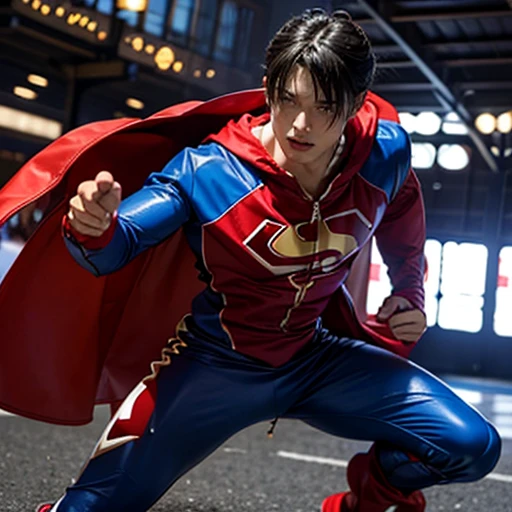 Superhero Appearance: Capeとmaskをつけたぴったりとしたスーパーヒーローのコスチュームを着た筋肉質の男性が、Lying on the ground in a defeated pose。The suit has a stylized emblem on the chest。 clothing: Cape、mask、Tight-fitting spandex suit、Traditional superhero costume with boots。 