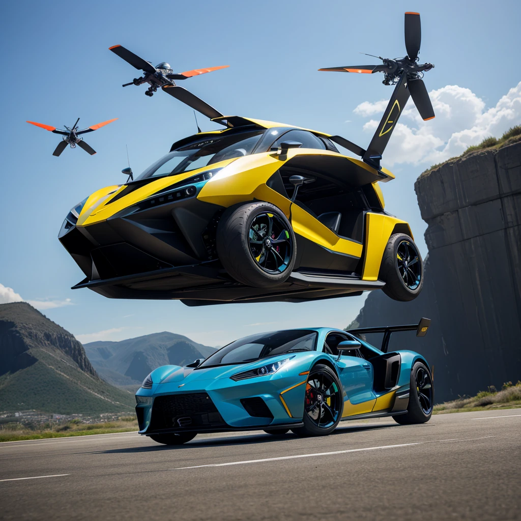 Create a futuristic flying bike and cars
