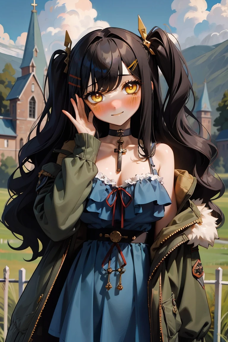 (masterpiece:1.2), (high quality:1.2), girls with((1girl, solo, black hair, yellow eyes, (wavy long hair, one side up, hairclips:1.3), blush, breasts, choker, cleavage, coat, cowboy shot, blue lace dress, camisole, ribbon waist belt, black ribbon belt, red bow, red ribbon, neck ribbon, collar, collarbone, rosary, rosary choker, cross, fur, fur trim, parka, khaki hoodie, green hoodie, khaki jacket, hood down, hooded coat, hooded jacket, hoodie, jacket, large breasts, long sleeves, medium breasts, open clothes, open coat,open hoodie, sleeveless, winter clothes, zipper, cleavage, upper body, hand up, waving, palm)), background with((architecture, blue sky, bush, castle, village, no humans, cloud, cloudy sky, day, field, garden, grass, hill, house, lamppost, landscape, mountain, mountainous horizon, nature, no humans, outdoors, scenery, shrine, sky))