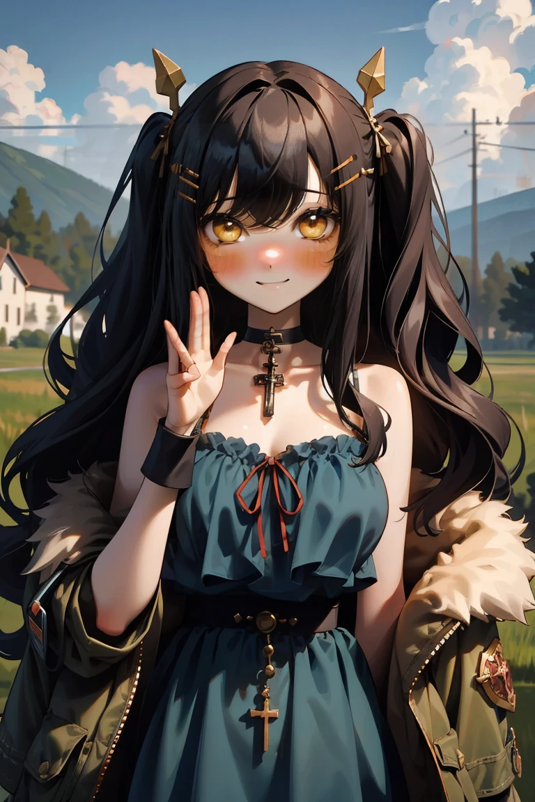 (masterpiece:1.2), (high quality:1.2), girls with((1girl, solo, black hair, yellow eyes, (wavy long hair, one side up, hairclips:1.3), blush, breasts, choker, cleavage, coat, cowboy shot, blue lace dress, camisole, ribbon waist belt, black ribbon belt, red bow, red ribbon, neck ribbon, collar, collarbone, rosary, rosary choker, cross, fur, fur trim, parka, khaki hoodie, green hoodie, khaki jacket, hood down, hooded coat, hooded jacket, hoodie, jacket, large breasts, long sleeves, medium breasts, open clothes, open coat,open hoodie, sleeveless, winter clothes, zipper, cleavage, upper body, hand up, waving, palm)), background with((architecture, blue sky, bush, castle, village, no humans, cloud, cloudy sky, day, field, garden, grass, hill, house, lamppost, landscape, mountain, mountainous horizon, nature, no humans, outdoors, scenery, shrine, sky))