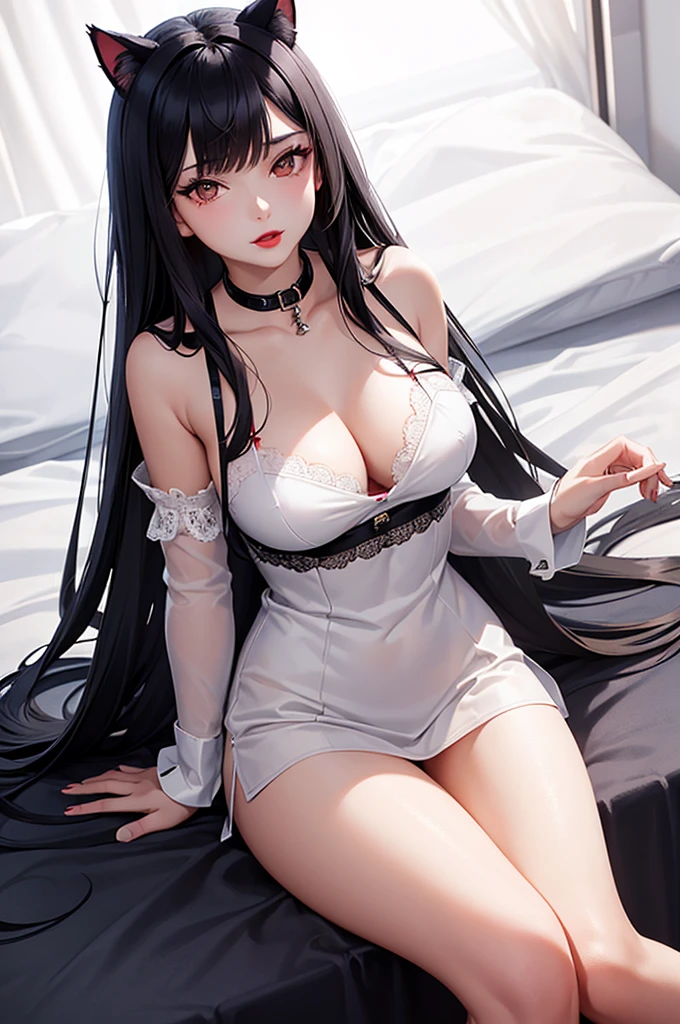 Detailed facial details，16 years old，1 girl，Red lips，Cat ear，Black long hair，Wearing snow-white lace pajamas，Large Breasts，Slim，Handcuffs，Collar，Radiant Skin，Sitting on the bed，bedroom