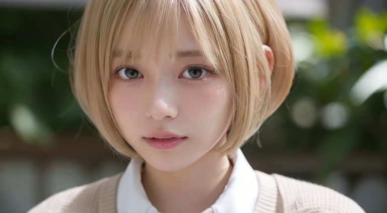 (Bob Cut Hair, Platinum Blonde Hair:1.2),(Wear a cardigan over a collared shirt:1.2),1 girl,Japanese,21 years old,(Small breasts:1.3),(Highest quality,masterpiece:1.3,超A high resolution,),(Ultra-detailed,Caustics),(Photorealistic:1.4,RAW shooting,)Ultra-Realistic Capture,Very detailed,High resolution 16K human skin close-up。 Natural skin texture、,Pores、、It needs to be detailed enough to be easily identifiable。 Skin should be even-toned and healthy looking。 Use natural light and colour, Sad expression, Looking at the camera, Perfect dynamic composition, Outdoor