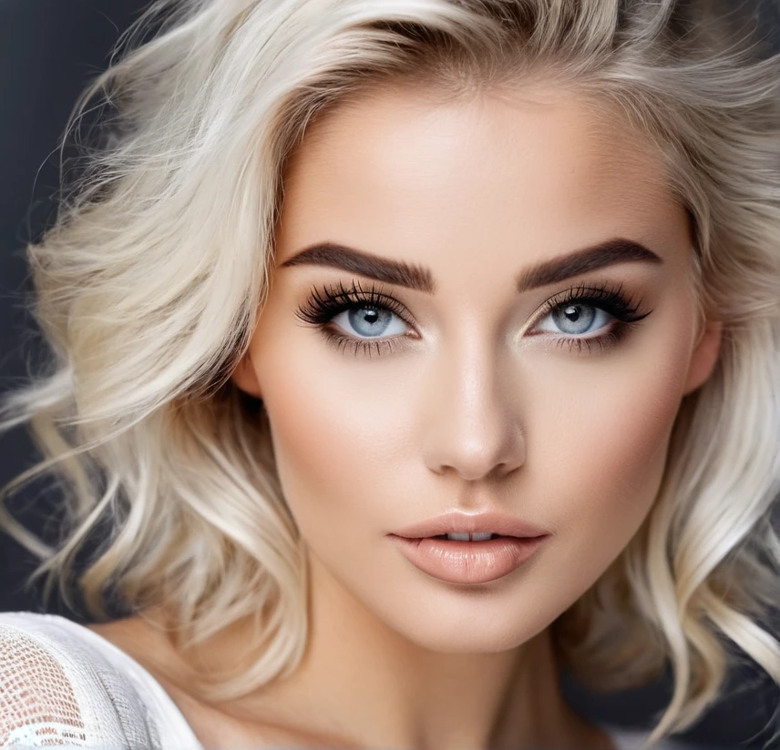 cheveux blond, femme blanche, très mignonne, très jeune, pas majeur, haute qualité, petit sourcil, photoréaliste, mâchoire forte humaine réaliste , grosse pommette,yeux noir, Photographie hyperdétaillée, Lumière douce, ultra haute résolution , de face