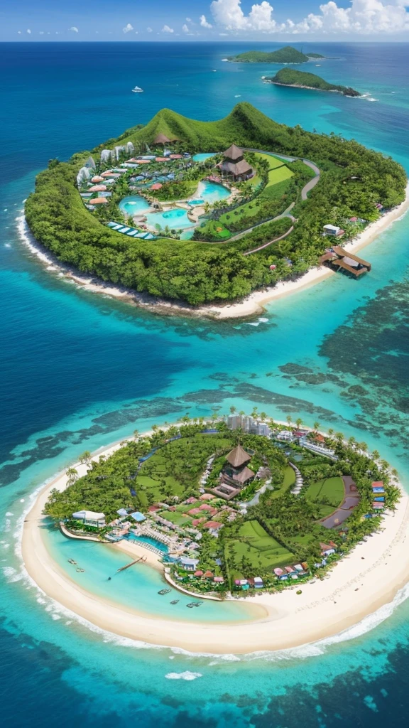 Isometric rendering of miniature Bali island, an island surrounded by clear water, coconut trees, beautiful beaches