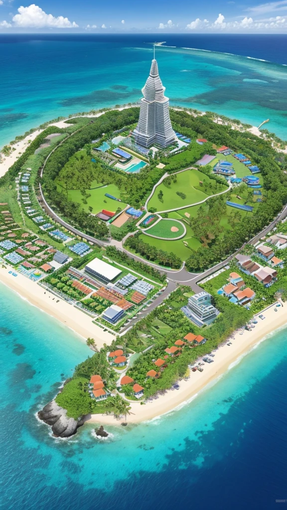 Isometric rendering of miniature Bali island, an island surrounded by clear water, coconut trees, beautiful beaches