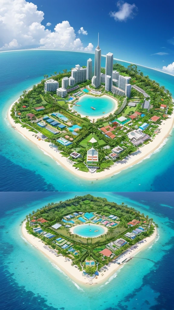 Isometric rendering of miniature Bali island, an island surrounded by clear water, coconut trees, beautiful beaches