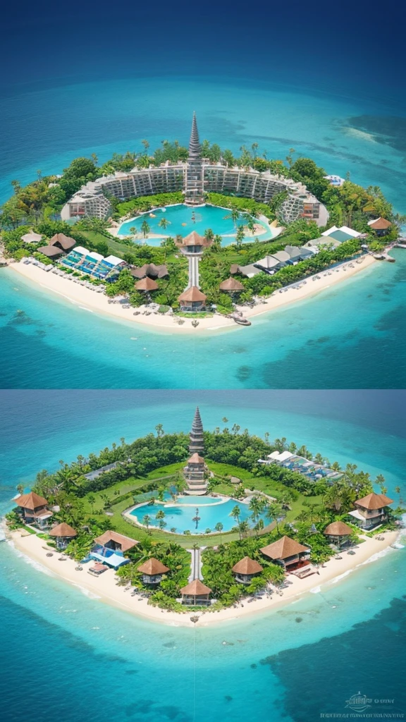 Isometric rendering of miniature Bali island, an island surrounded by clear water, coconut trees, beautiful beaches