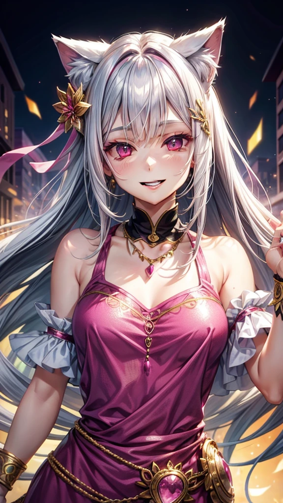 Silver hair, pink eyes, older woman, pink teal and gold clothes, hair ornament, cat ears, necklace, long hair, smiling face, upper body