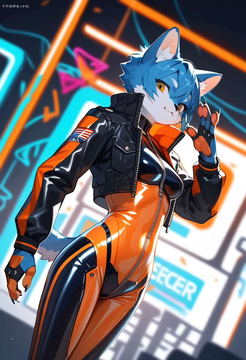 animation, Highest quality, Highest quality, High quality illustrations, masterpiece, Ultra-high resolution, Detailed Background, Futuristic Bar, Graffiti art on the wall, Absurd, Perfect Anatomy, performance, Good lighting, Shadows in the movies(kemono, Furry PersonifiCation), Cat, Blueskin, Orange Rubber Suit, latex, neon, neonライト, neonカラー, Bodysuits, Cyber Suit, Leather Half Jacket, cyber punk, Dynamic Angle